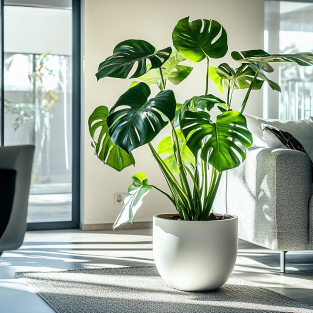 A large, healthy Monstera Deliciosa with iconic leaf fenestrations styled in a white ceramic pot in a bright Townsville sunroom.