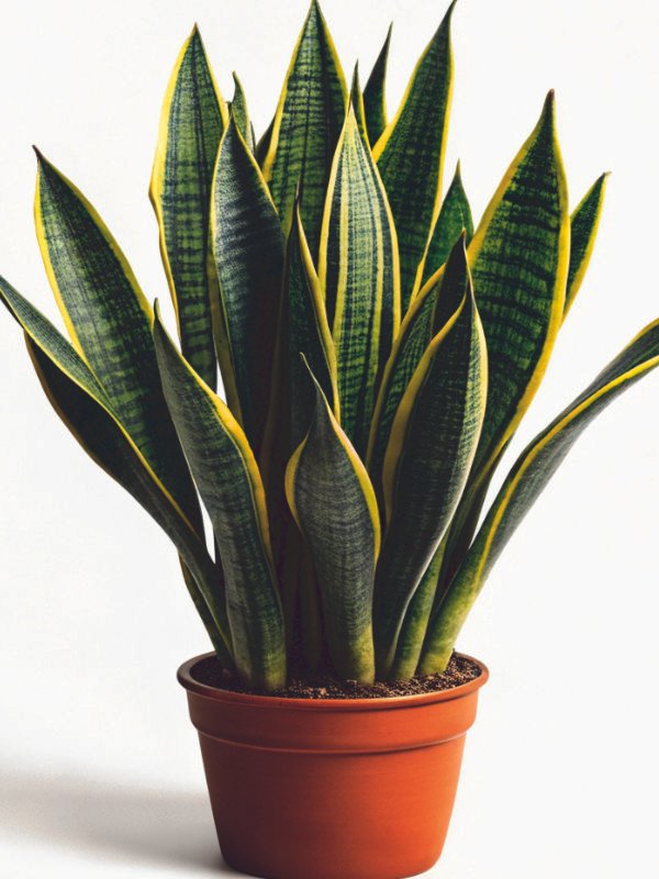 A cluster of Sansevieria (Snake Plants) arranged in minimalist terracotta pot against a neutral wall.