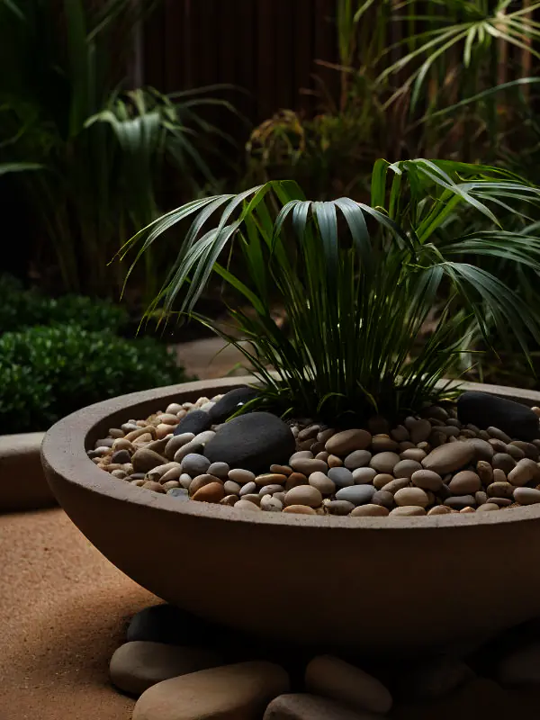 A grouping of tropical indoor plants on a pebble tray to maintain humidity in an air-conditioned Townsville office.