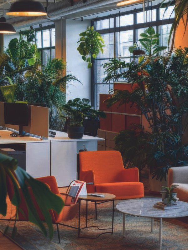 A bright, airy Townsville office featuring several large-leafed plants designed to trap dust and improve overall indoor air quality.