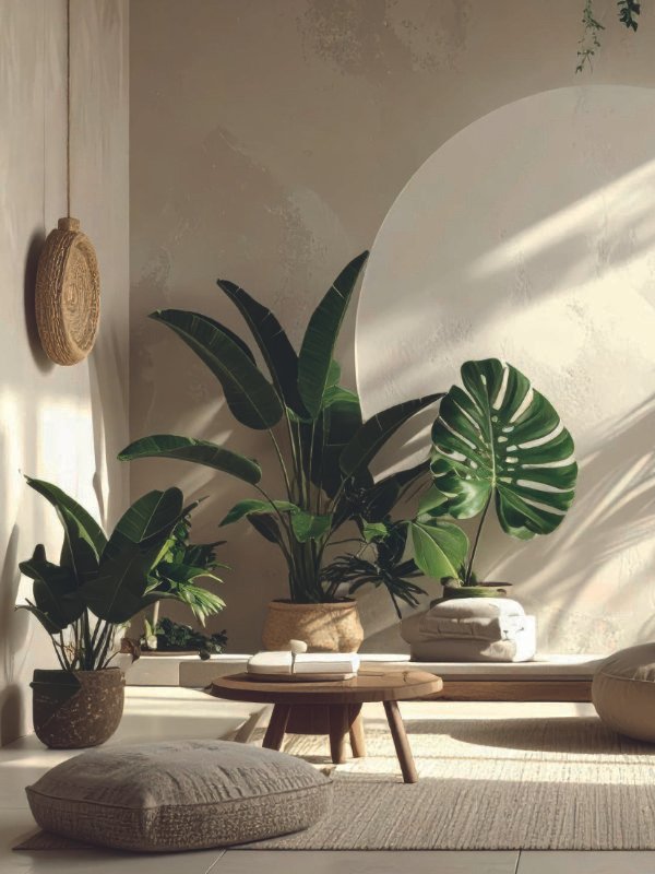 A vibrant tropical-styled living area in Townsville with layered Monstera and Palms, using organic textures and green accents.
