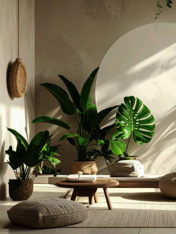 A vibrant tropical-styled living area in Townsville with layered Monstera and Palms, using organic textures and green accents.