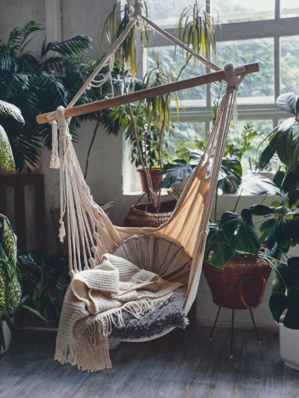A lushly decorated Townsville home library with floor-to-ceiling plants, hanging vines, and diverse botanical textures