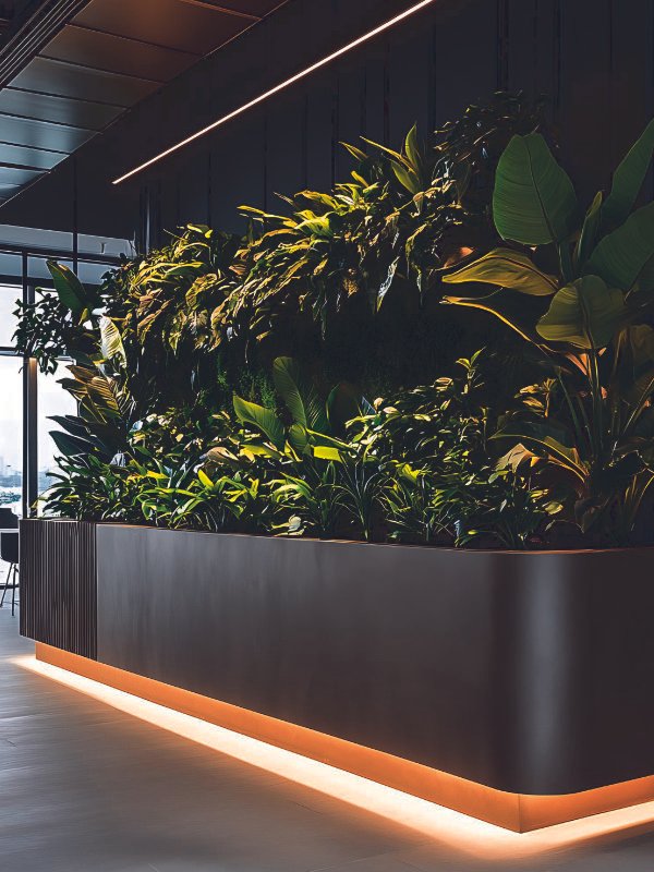 Commercial office plants Townsville, corporate greenery 4810, professional plant hire. A sleek, modern corporate reception area in Townsville (4810) featuring large, professionally maintained indoor plants in matte black designer pots.