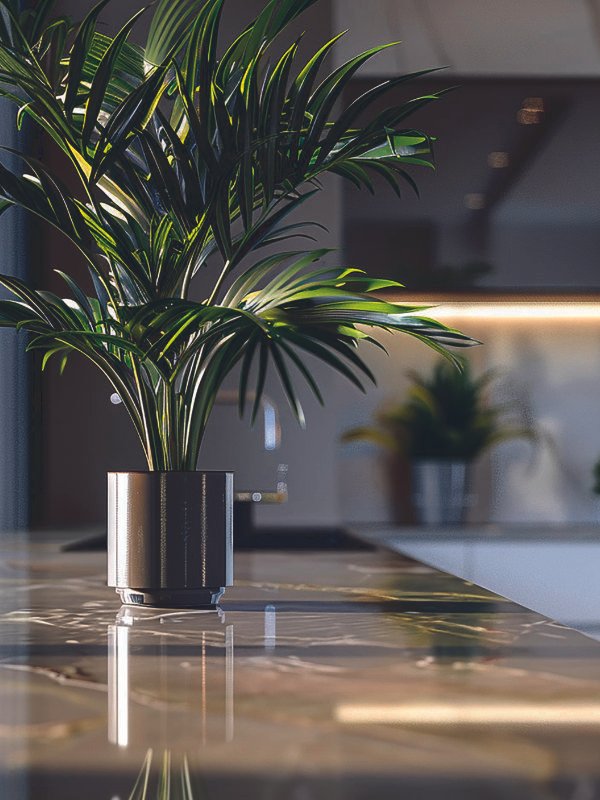 A close-up of a professionally styled kitchen island in Townsville with a small herb garden and a sleek Peace Lily, designed for high-end real estate photography.