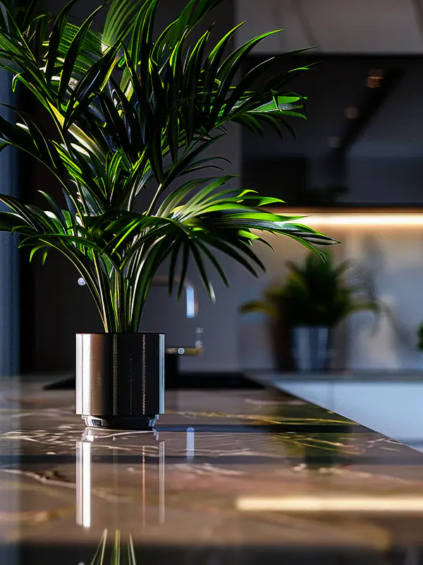 A close-up of a professionally styled kitchen island in Townsville with a small herb garden and a sleek Peace Lily, designed for high-end real estate photography.